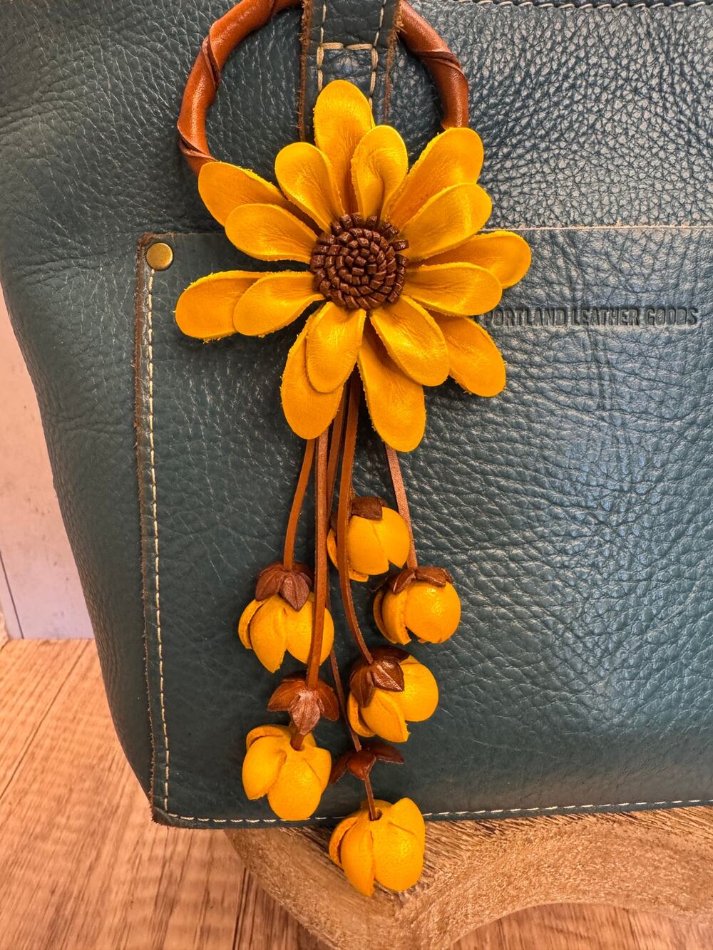 Yellow Dahlia Leather Purse Charm Genuine Leather SunFlower Bag Charm FAST SHIP